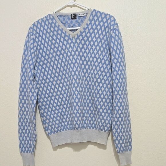 TSE V-Neck Sweater in Blue and White with Geometric Pattern M - Picture 1 of 6